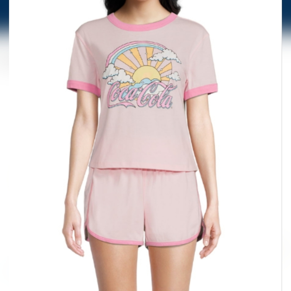 Coca Cola Women's Ringer Tee Short Lounge set Pink Size 2X